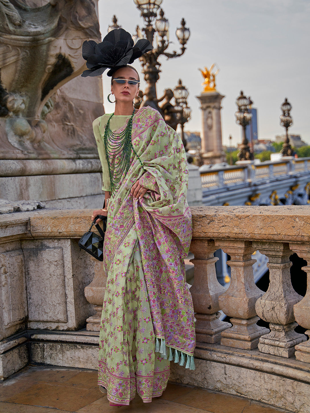 Pista Graceful Organza Silk Parsi Handloom Weaving Saree with Blouse Piece