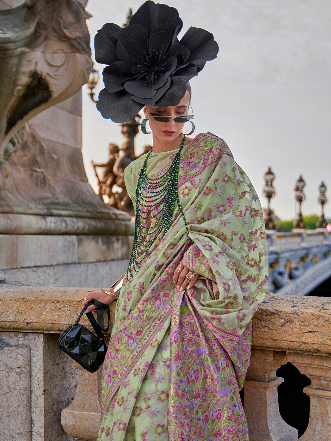 Pista Graceful Organza Silk Parsi Handloom Weaving Saree with Blouse Piece