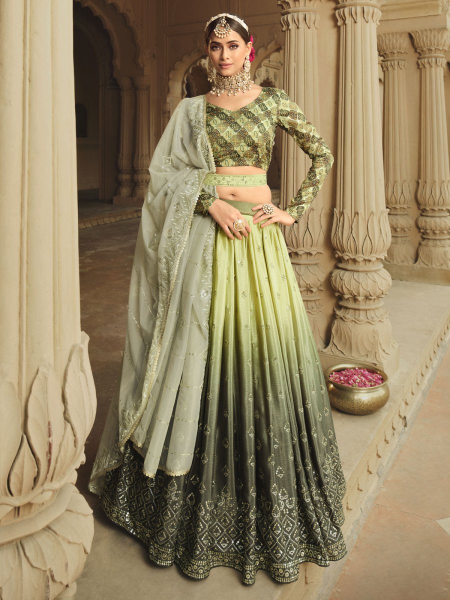 Pista Green and Mehdi Green Silk Embroidered Lehenga Choli