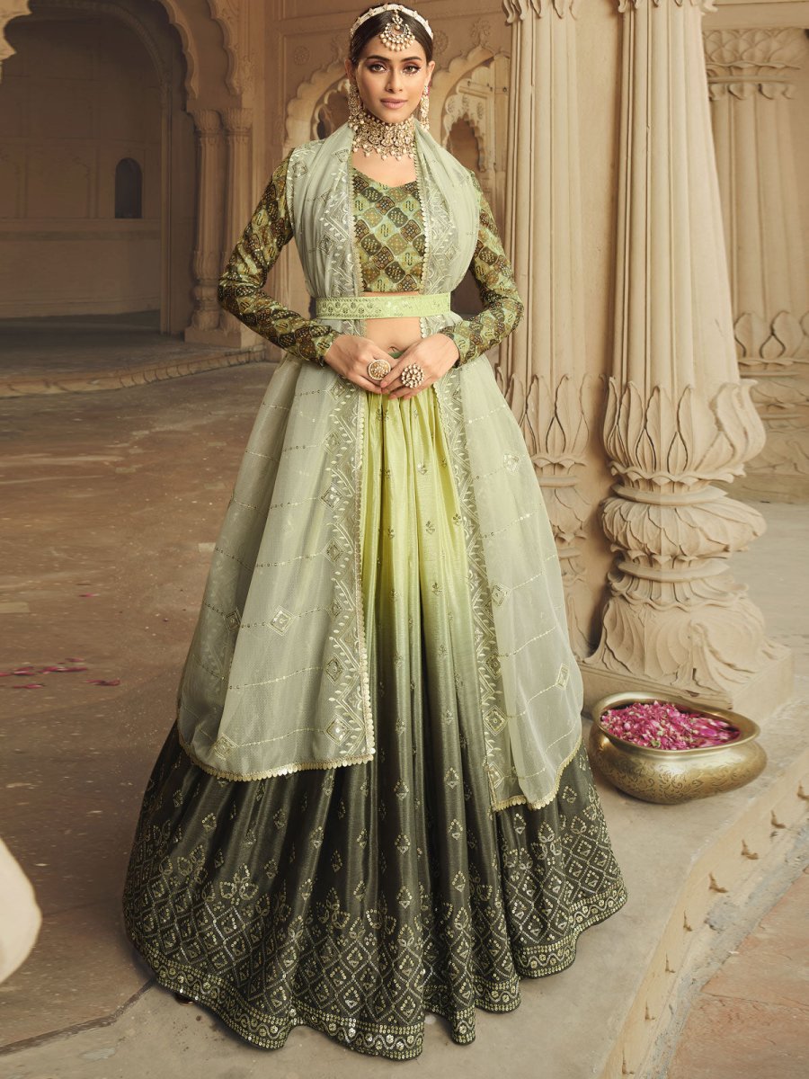 Pista Green and Mehdi Green Silk Embroidered Lehenga Choli