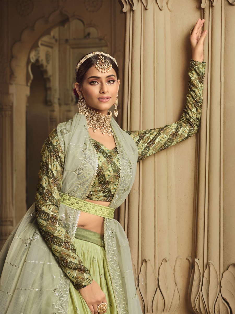 Pista Green and Mehdi Green Silk Embroidered Lehenga Choli