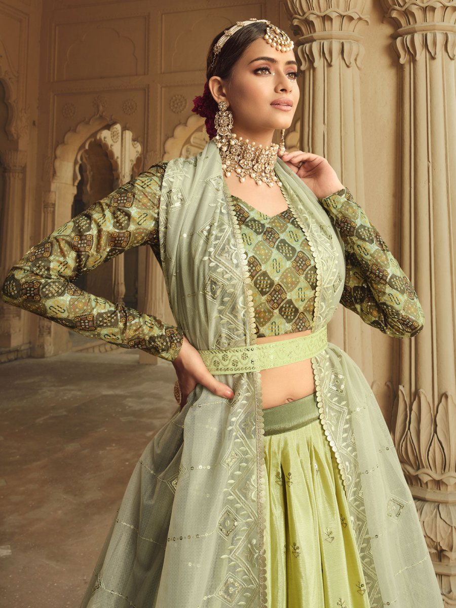 Pista Green and Mehdi Green Silk Embroidered Lehenga Choli