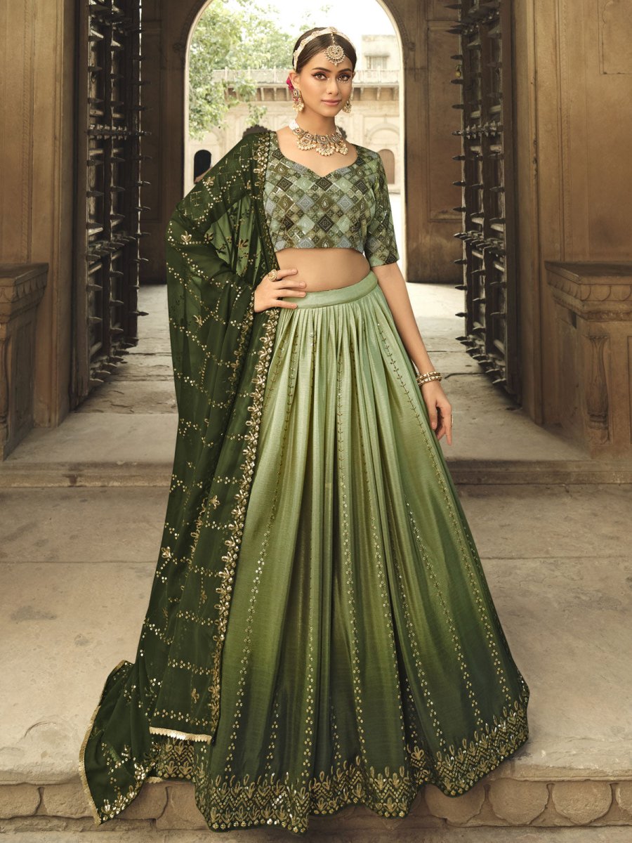 Pista Green and Olive Green Silk Embroidered Lehenga Choli