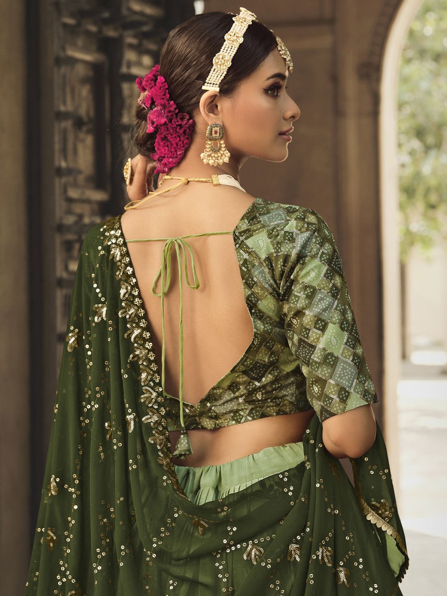 Pista Green and Olive Green Silk Embroidered Lehenga Choli