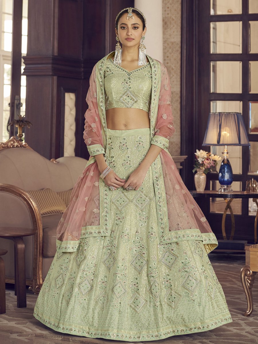 Pista Green Crepe Designer Lehenga Choli