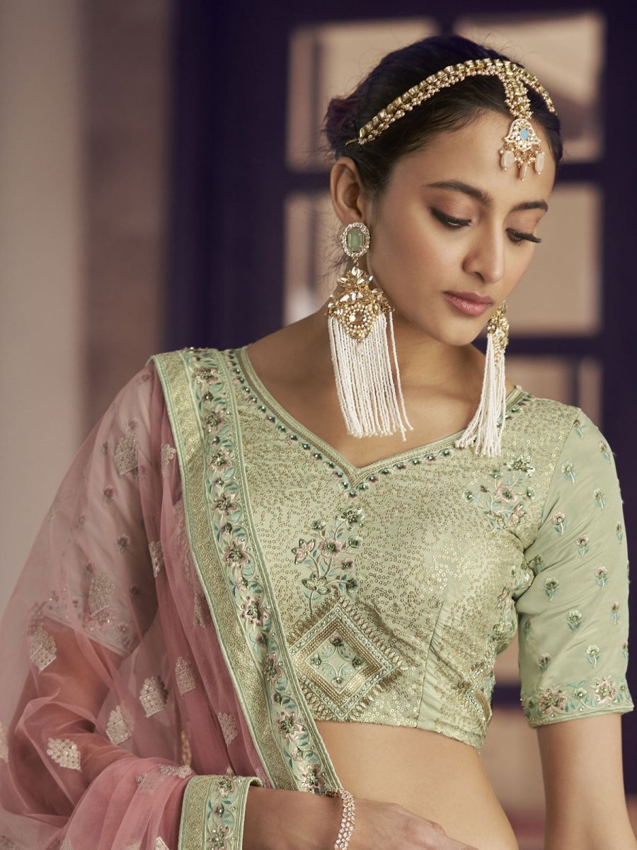 Pista Green Crepe Designer Lehenga Choli