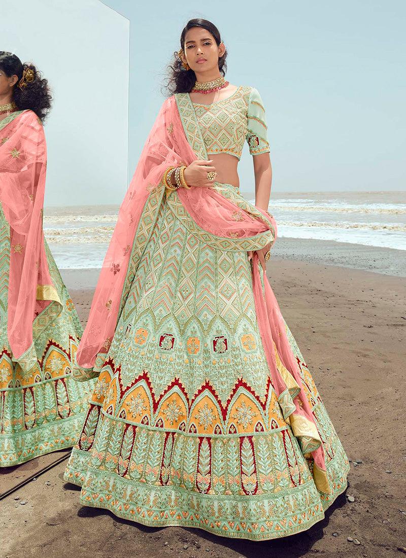 Pista Green Designer Georgette Lehenga Choli