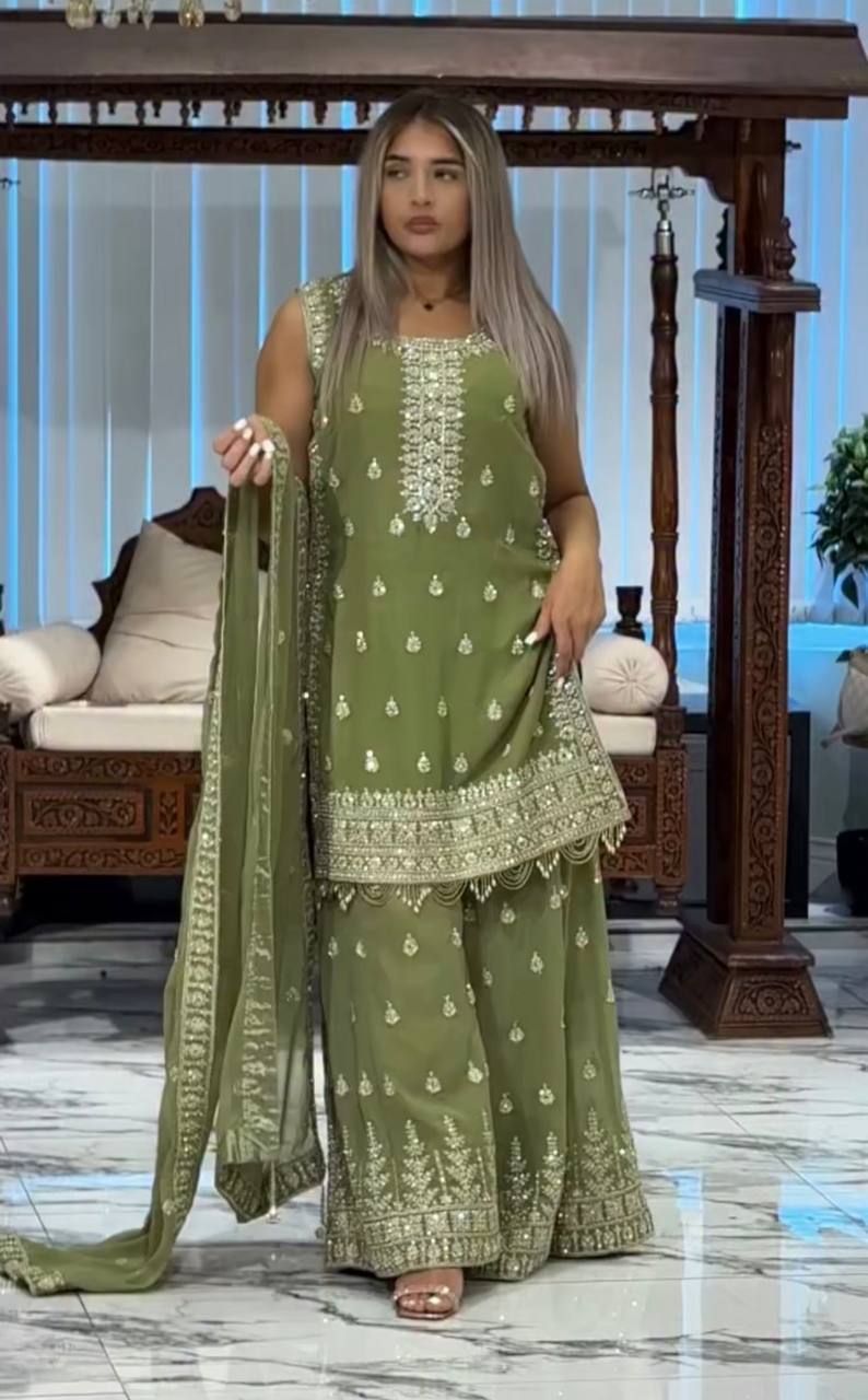 Pista Designer Heavy Faux Georgette Embroidered Plazzo Set with Dupatta
