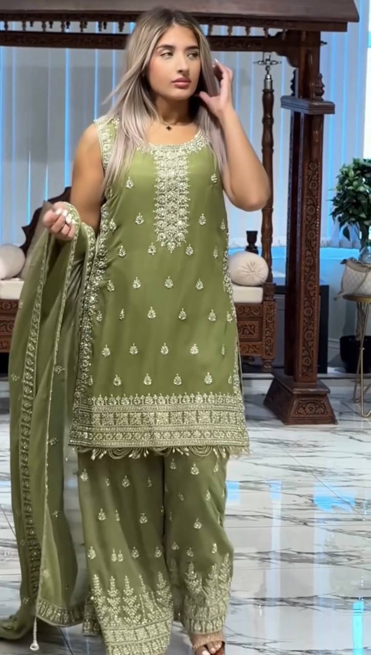 Pista Designer Heavy Faux Georgette Embroidered Plazzo Set with Dupatta