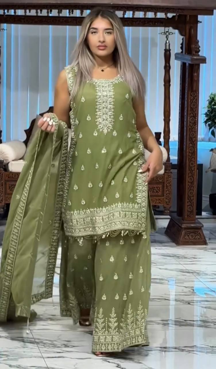 Pista Designer Heavy Faux Georgette Embroidered Plazzo Set with Dupatta