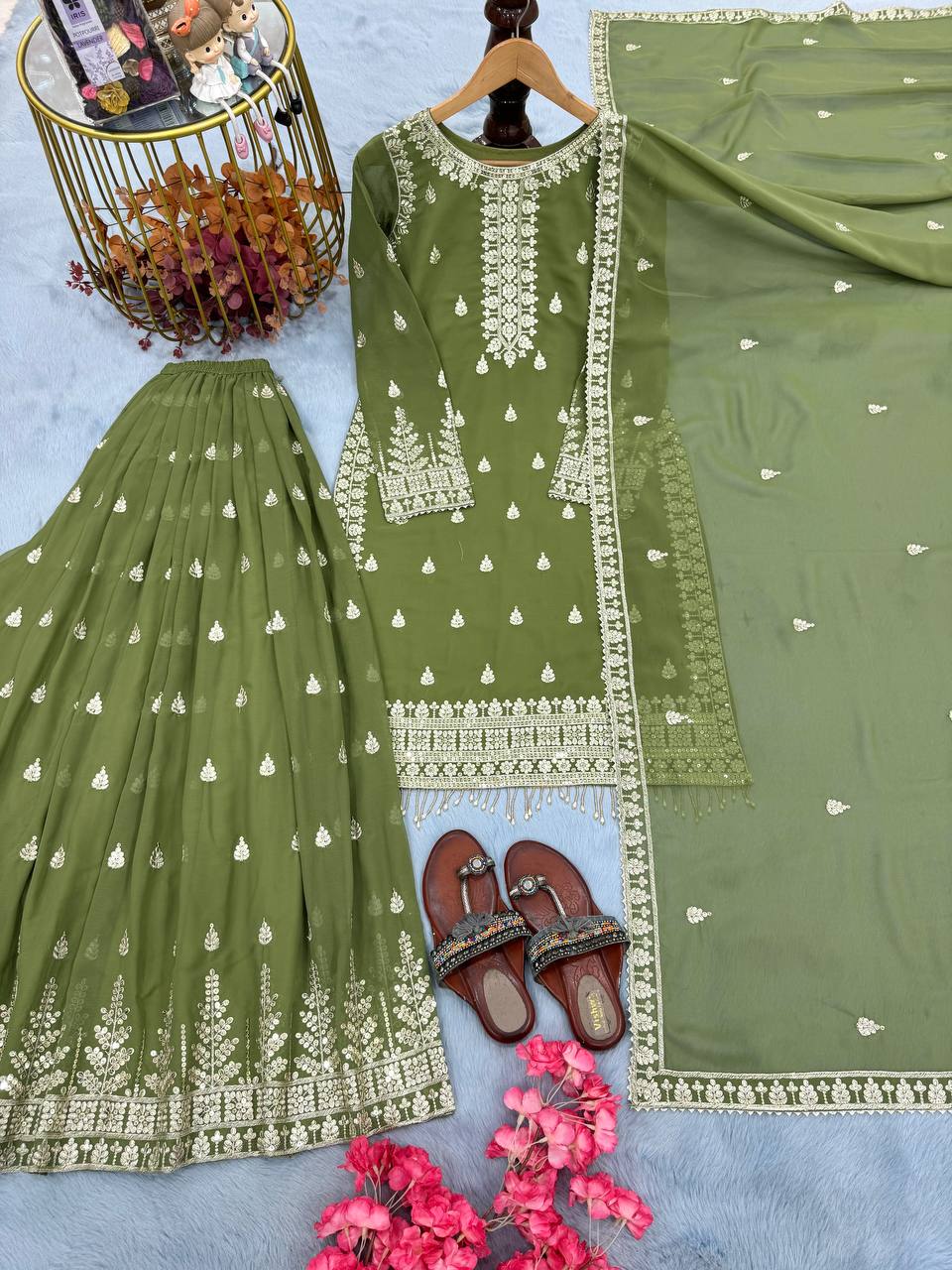 Pista Designer Heavy Faux Georgette Embroidered Plazzo Set with Dupatta