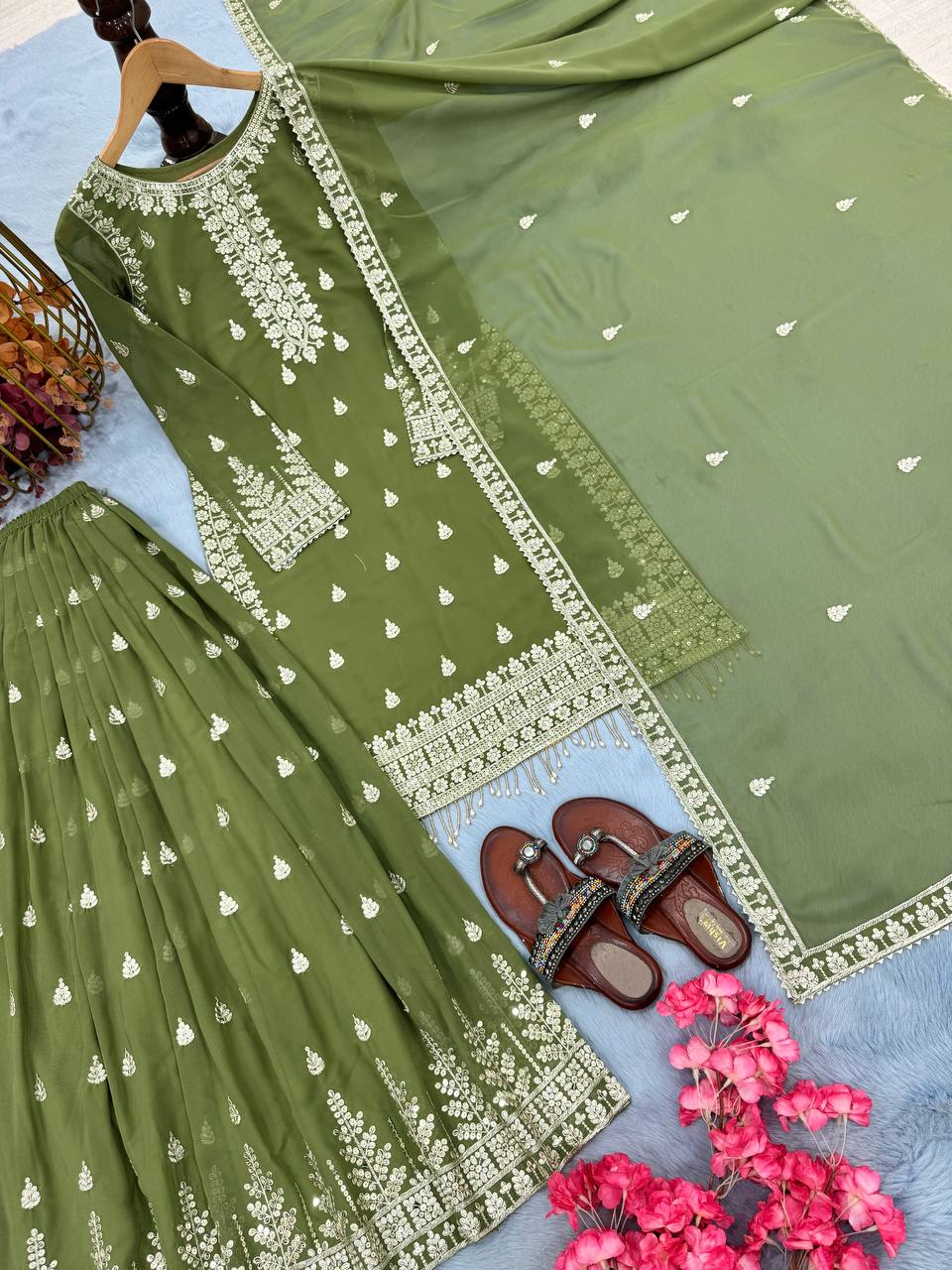 Pista Designer Heavy Faux Georgette Embroidered Plazzo Set with Dupatta