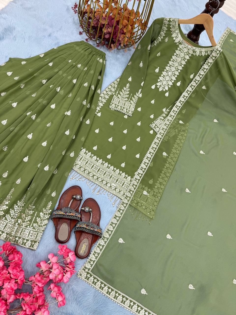 Pista Designer Heavy Faux Georgette Embroidered Plazzo Set with Dupatta