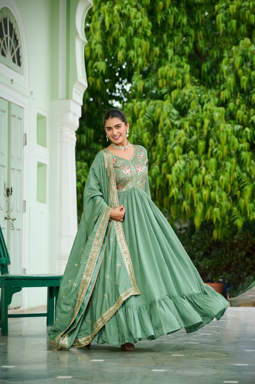 Pista Green Elegant Vichitra Silk Gown with Rich Zari & Thread Embroidery and Dupatta – Designer Full-Sleeve Frill Gown