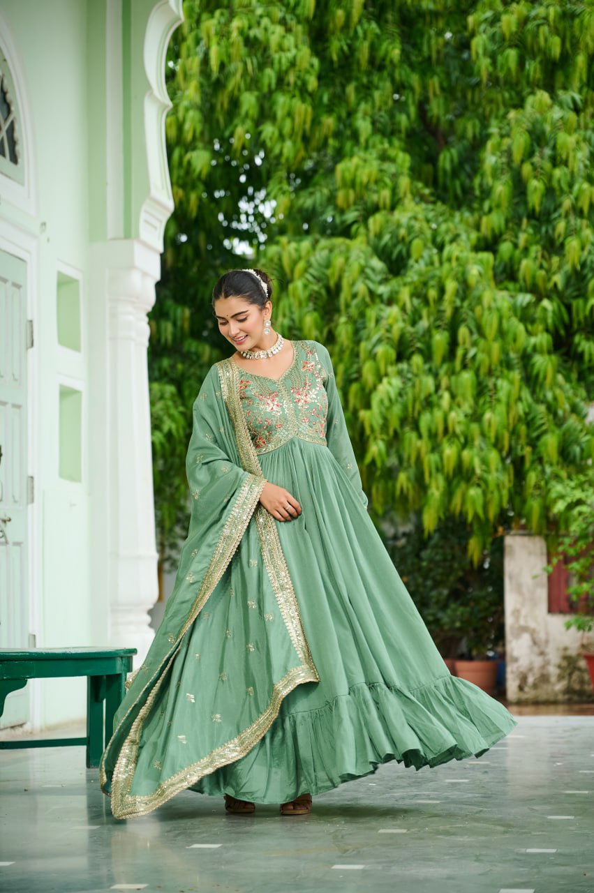 Pista Green Elegant Vichitra Silk Gown with Rich Zari & Thread Embroidery and Dupatta – Designer Full-Sleeve Frill Gown