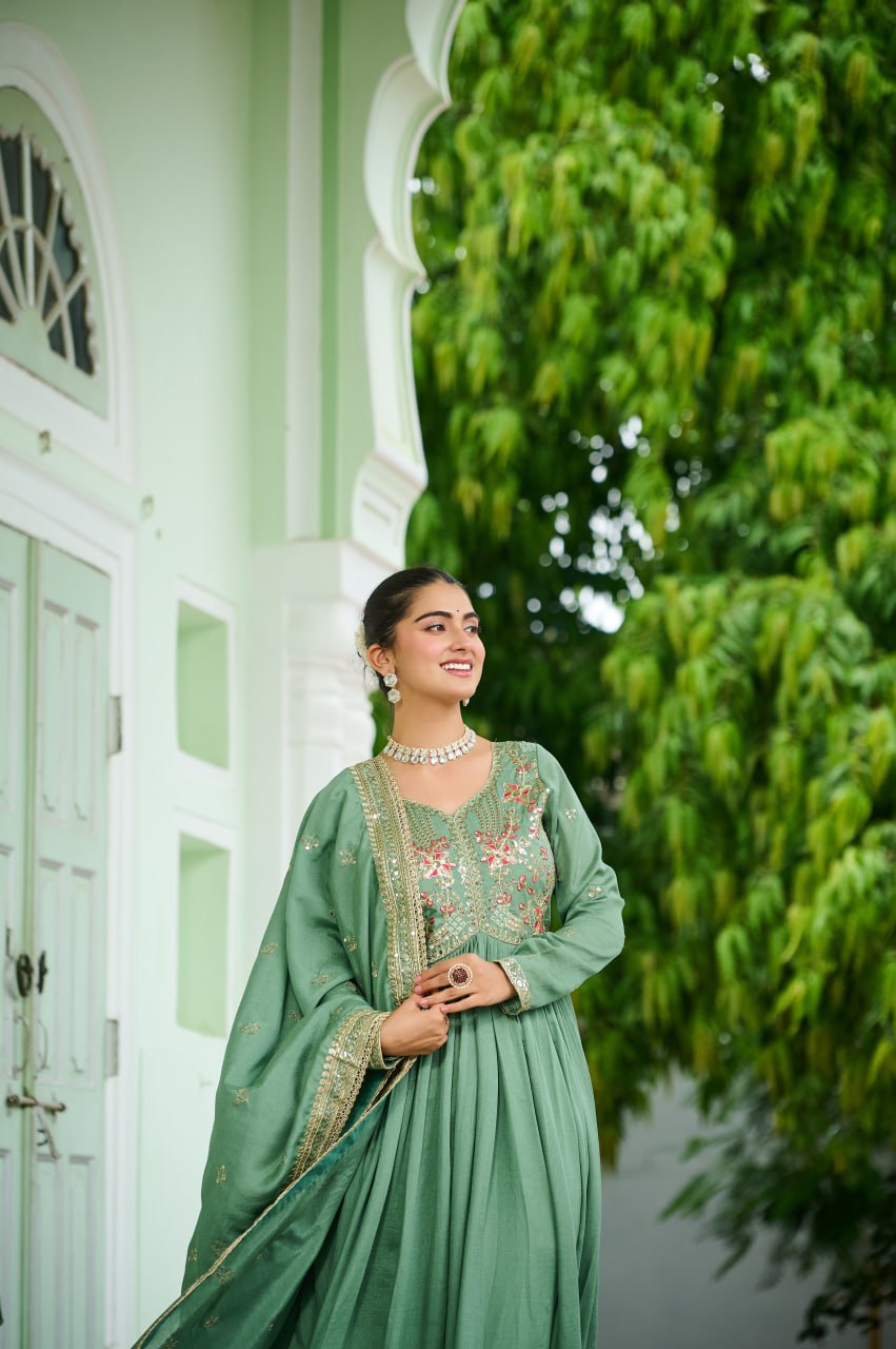 Pista Green Elegant Vichitra Silk Gown with Rich Zari & Thread Embroidery and Dupatta – Designer Full-Sleeve Frill Gown