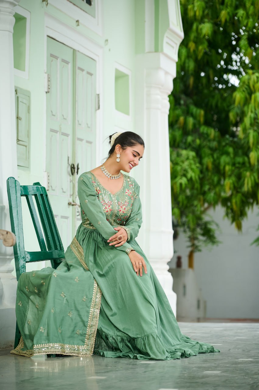 Pista Green Elegant Vichitra Silk Gown with Rich Zari & Thread Embroidery and Dupatta – Designer Full-Sleeve Frill Gown