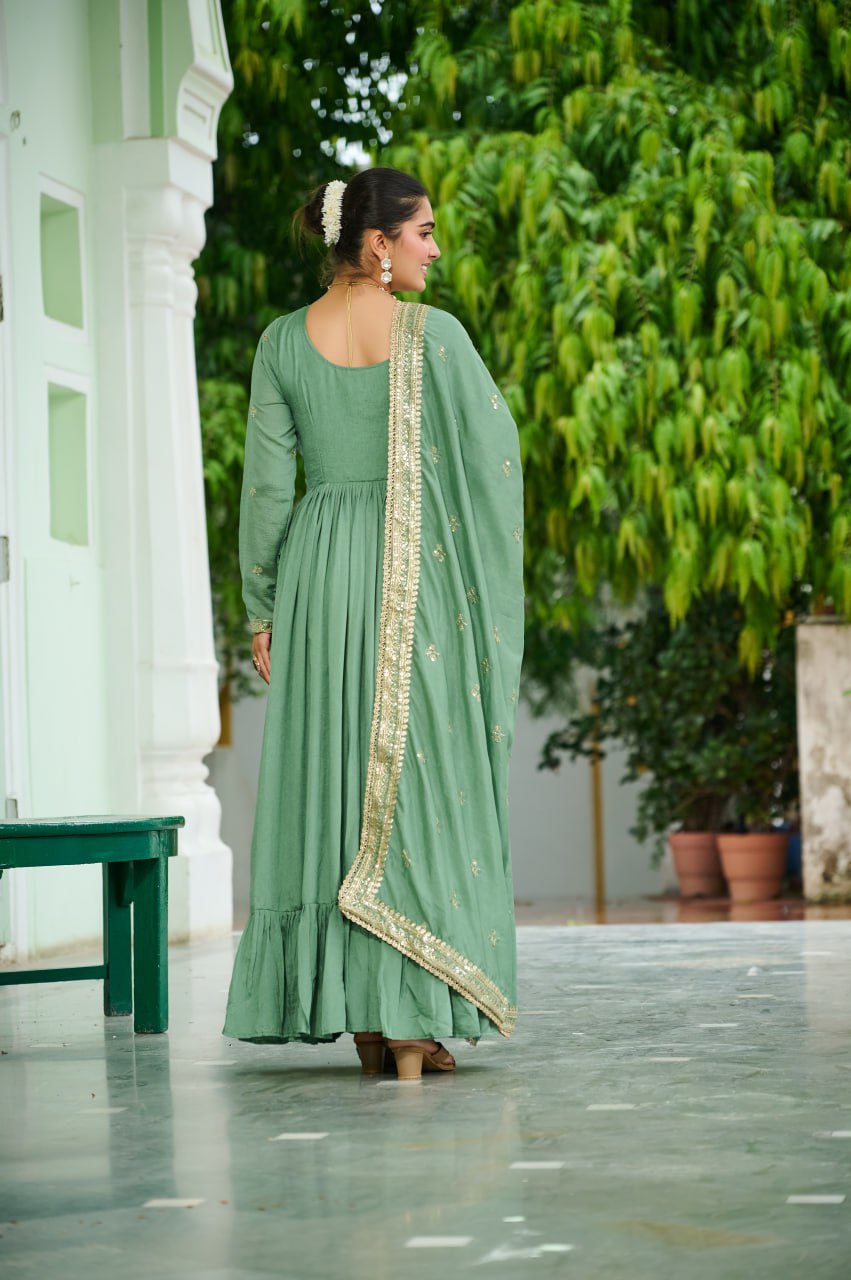 Pista Green Elegant Vichitra Silk Gown with Rich Zari & Thread Embroidery and Dupatta – Designer Full-Sleeve Frill Gown