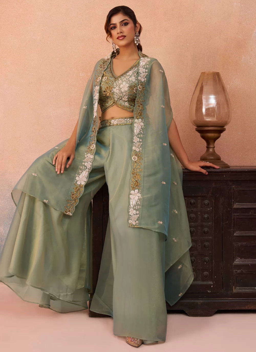 Pista green tissue indo western set with embroidered flared cape palazzo