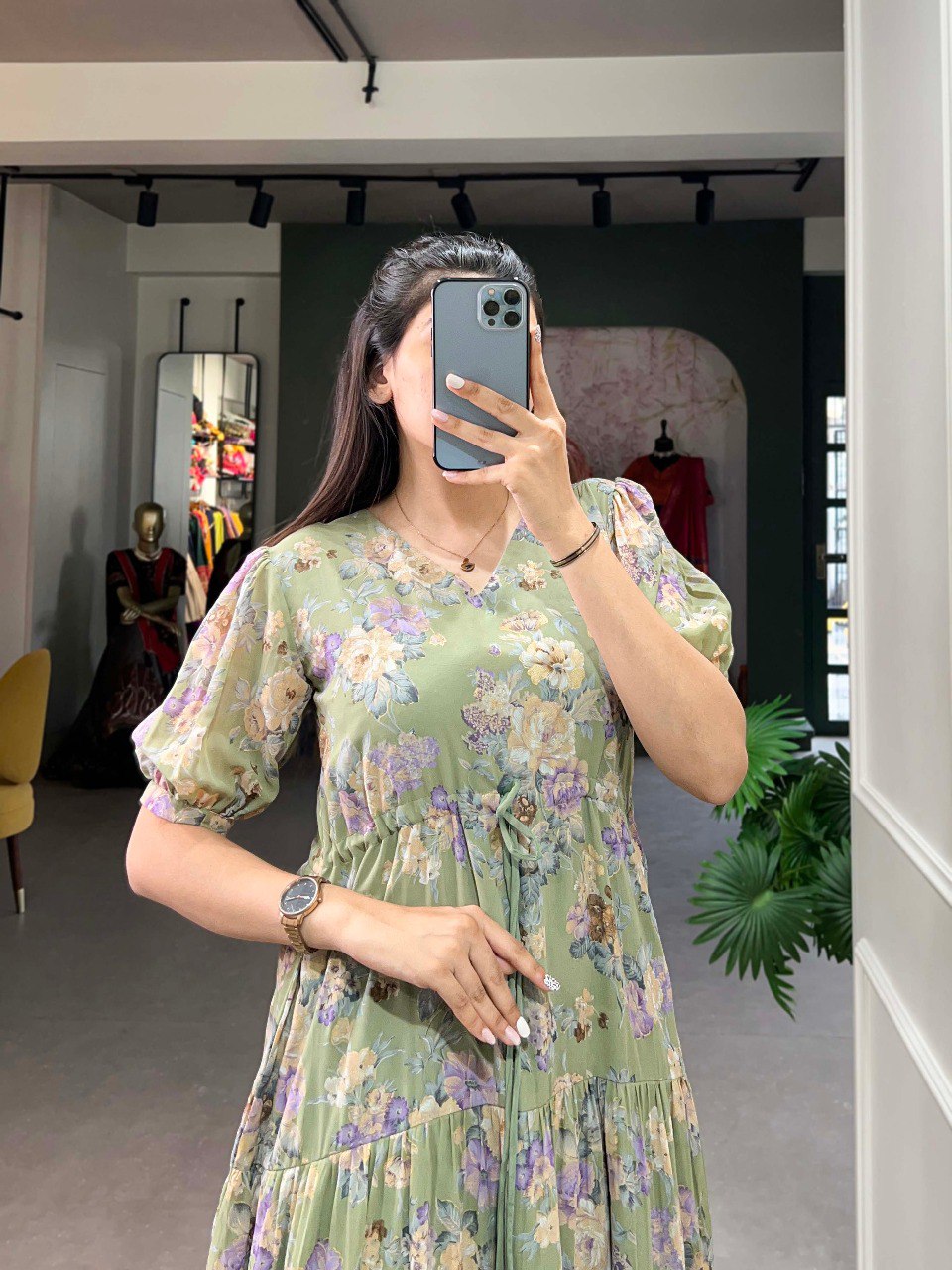 Pista Green Flower Fields Georgette Frock - Dreamy Florals for the Summer