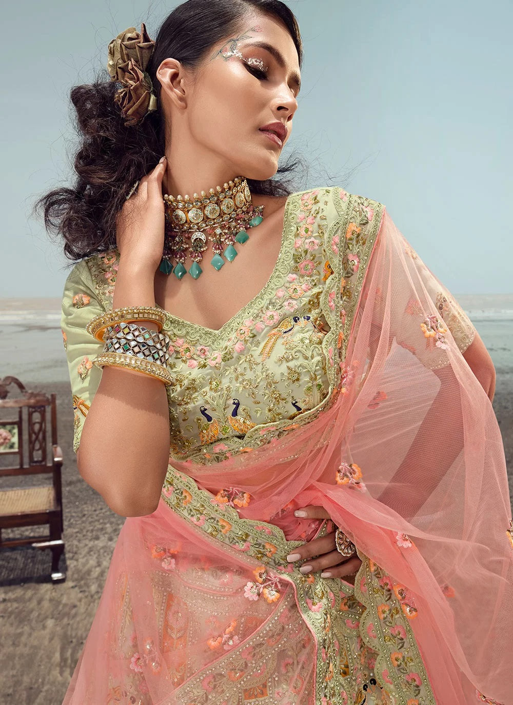 Pista green georgette embroidered lehenga for engagement
