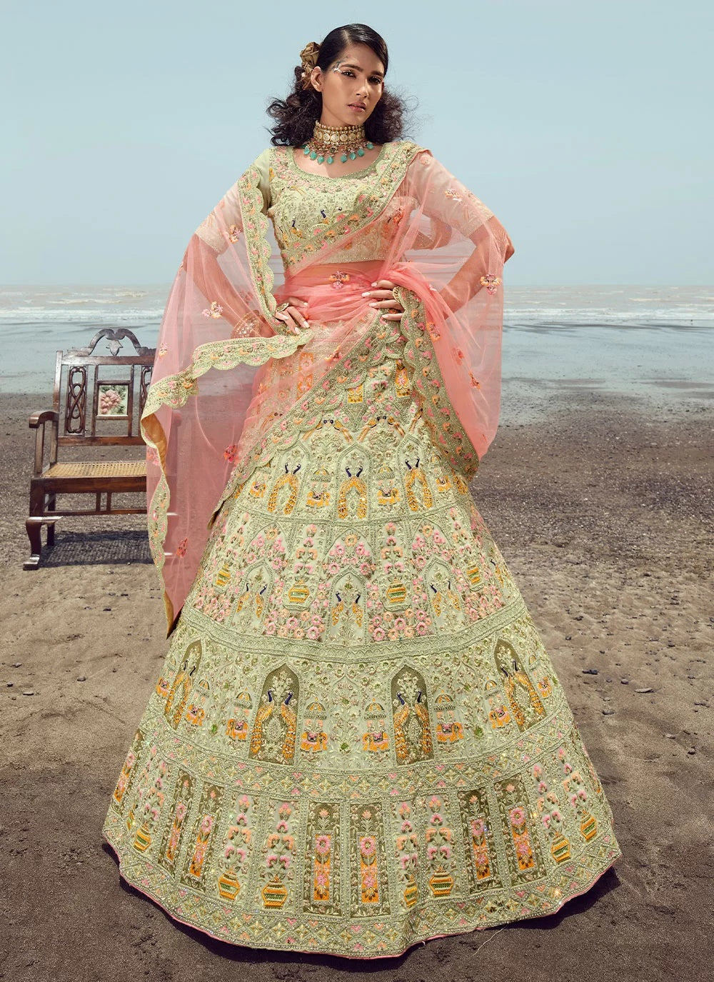 Pista green georgette embroidered lehenga for engagement