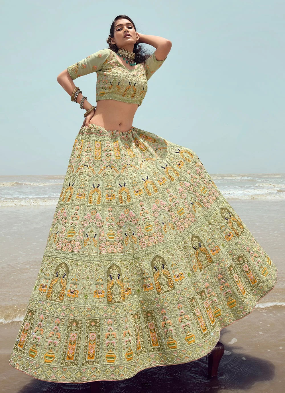 Pista green georgette embroidered lehenga for engagement