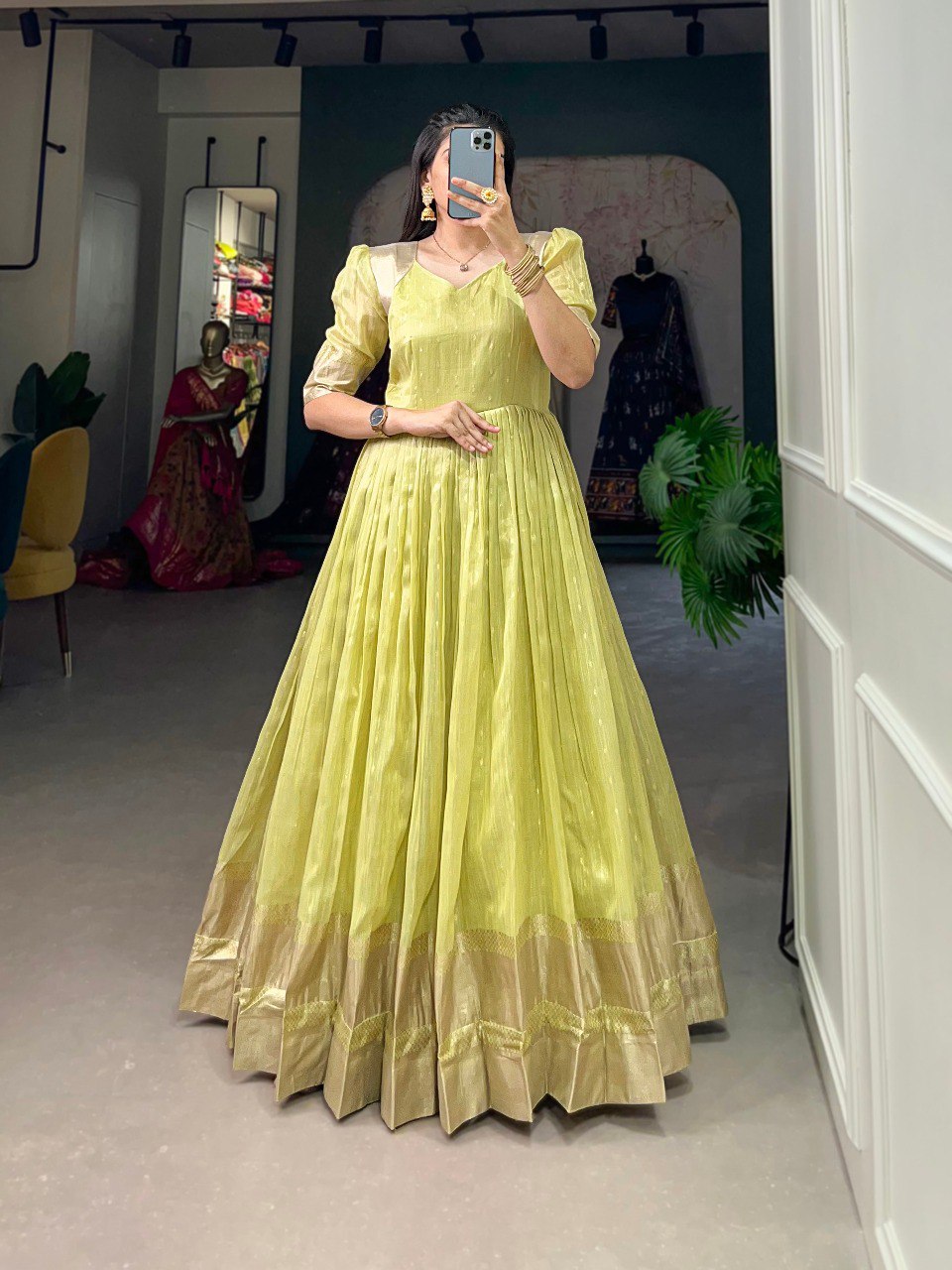 Pista Green Handwoven Khadi Organza Gown with Exquisite Zari Detailing