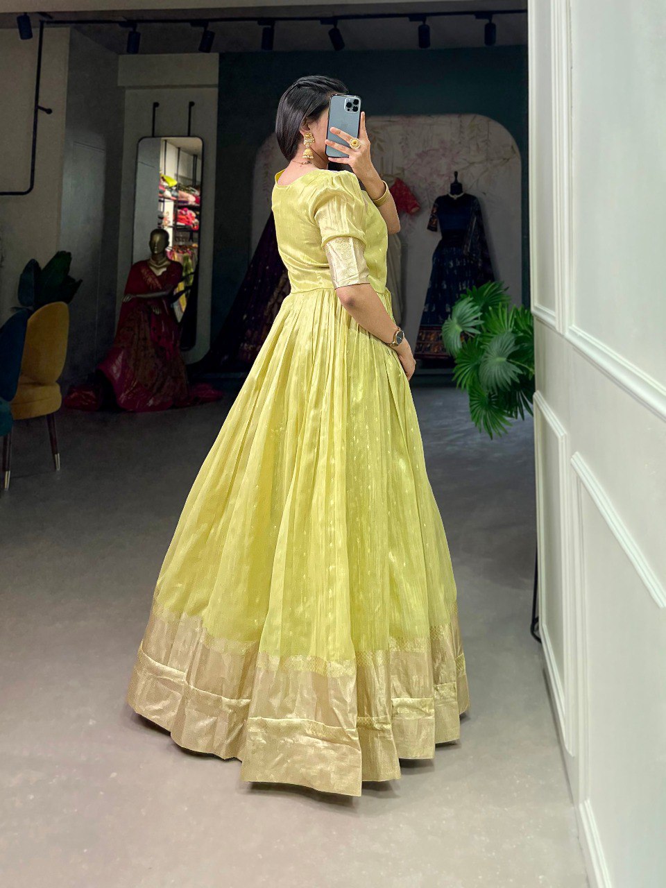 Pista Green Handwoven Khadi Organza Gown with Exquisite Zari Detailing