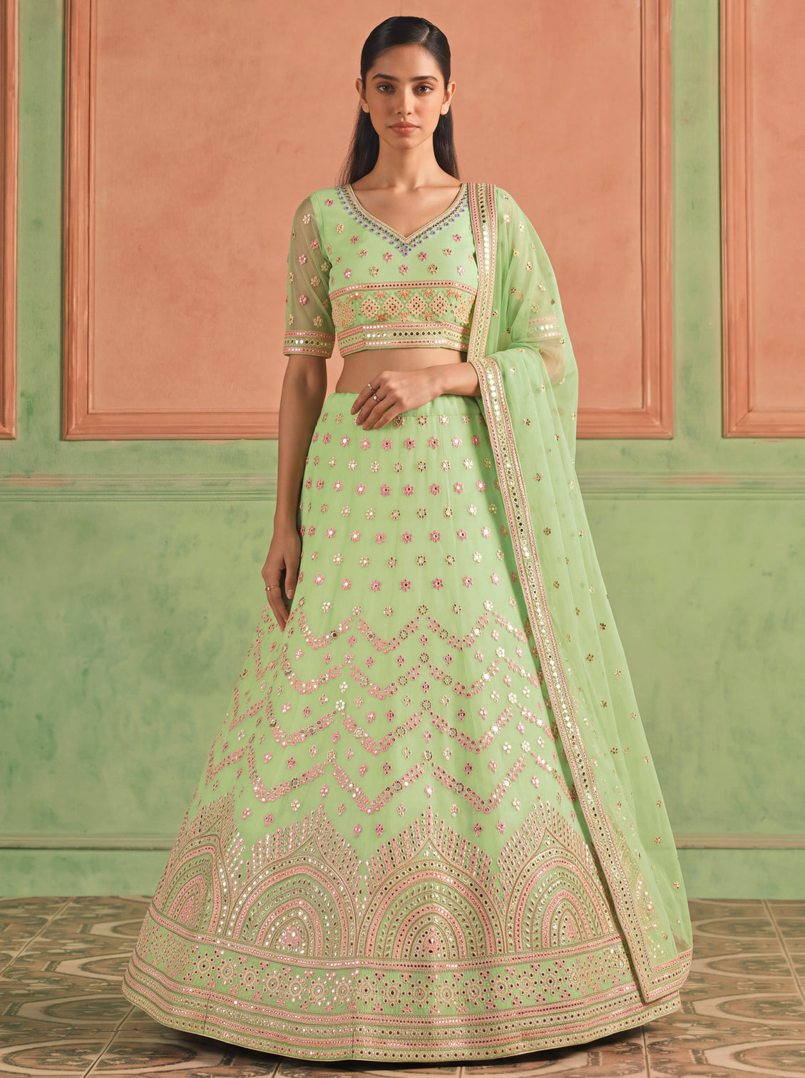 Pista Green Organza Embroidered Foil Mirror Work Lehenga Choli