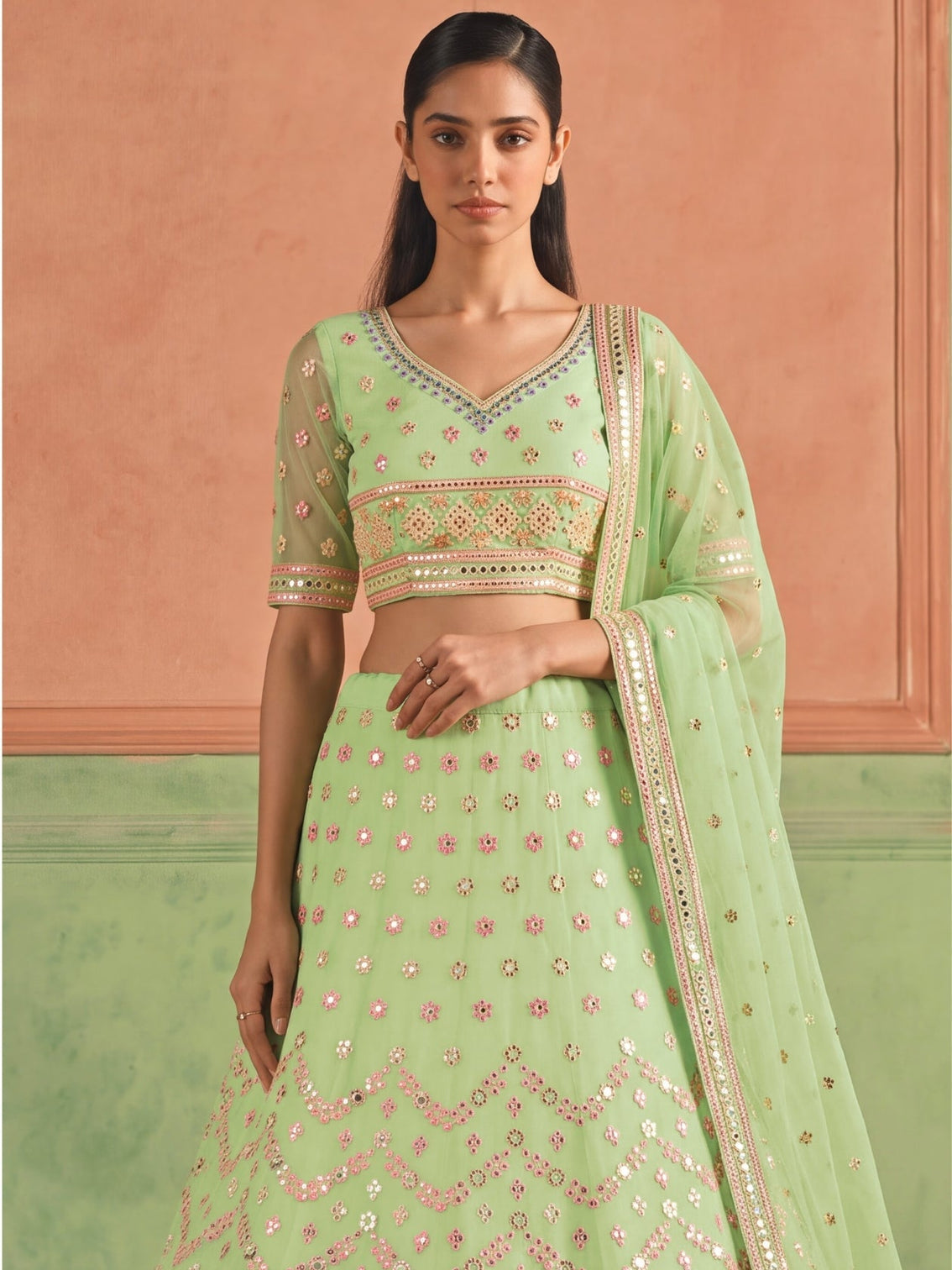 Pista Green Organza Embroidered Foil Mirror Work Lehenga Choli