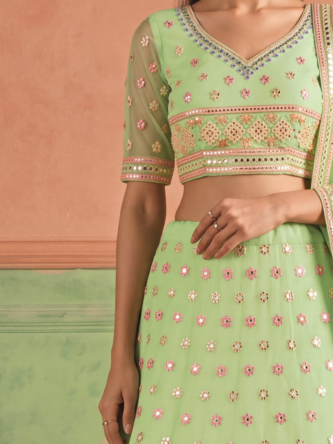 Pista Green Organza Embroidered Foil Mirror Work Lehenga Choli