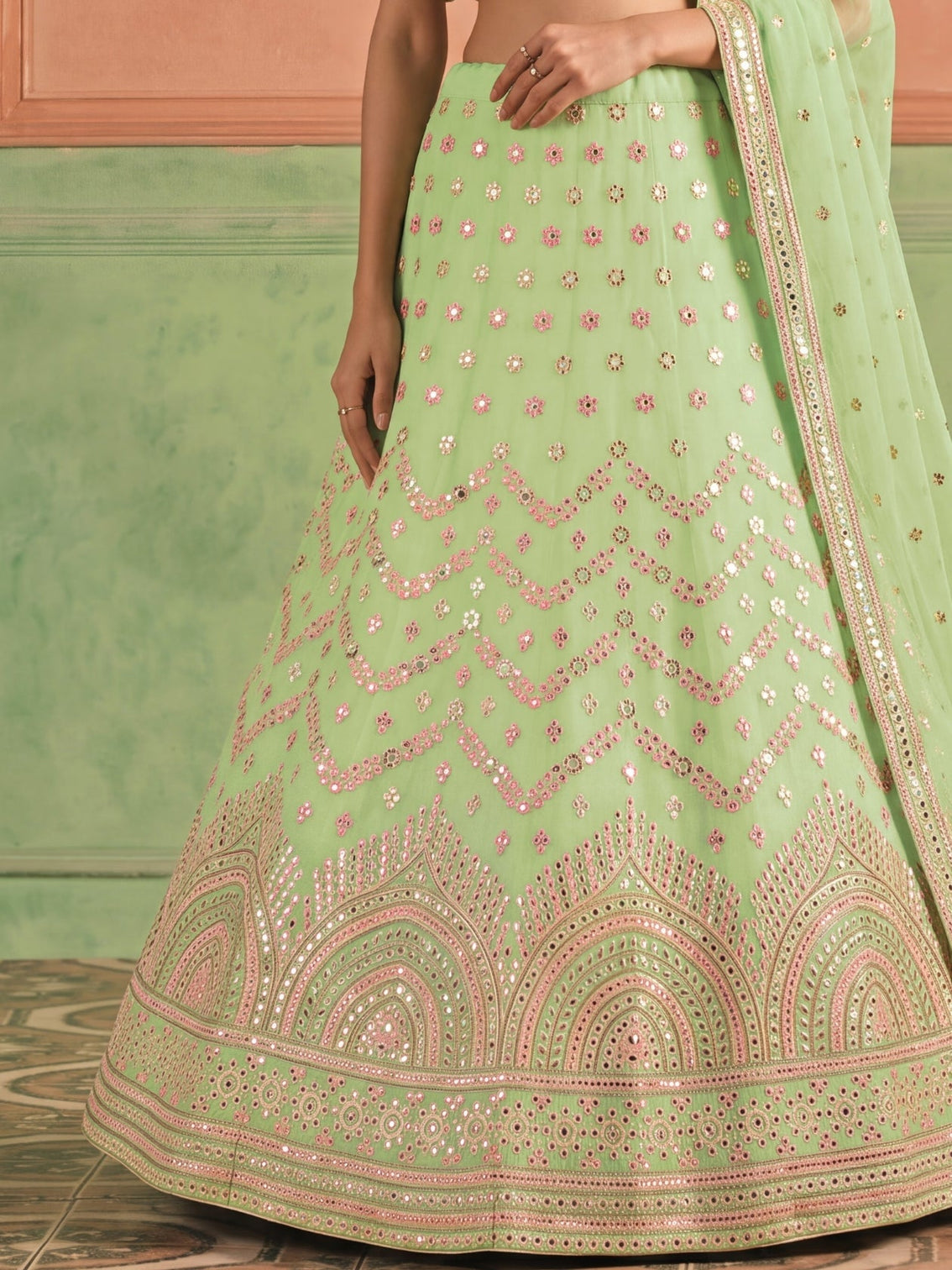 Pista Green Organza Embroidered Foil Mirror Work Lehenga Choli