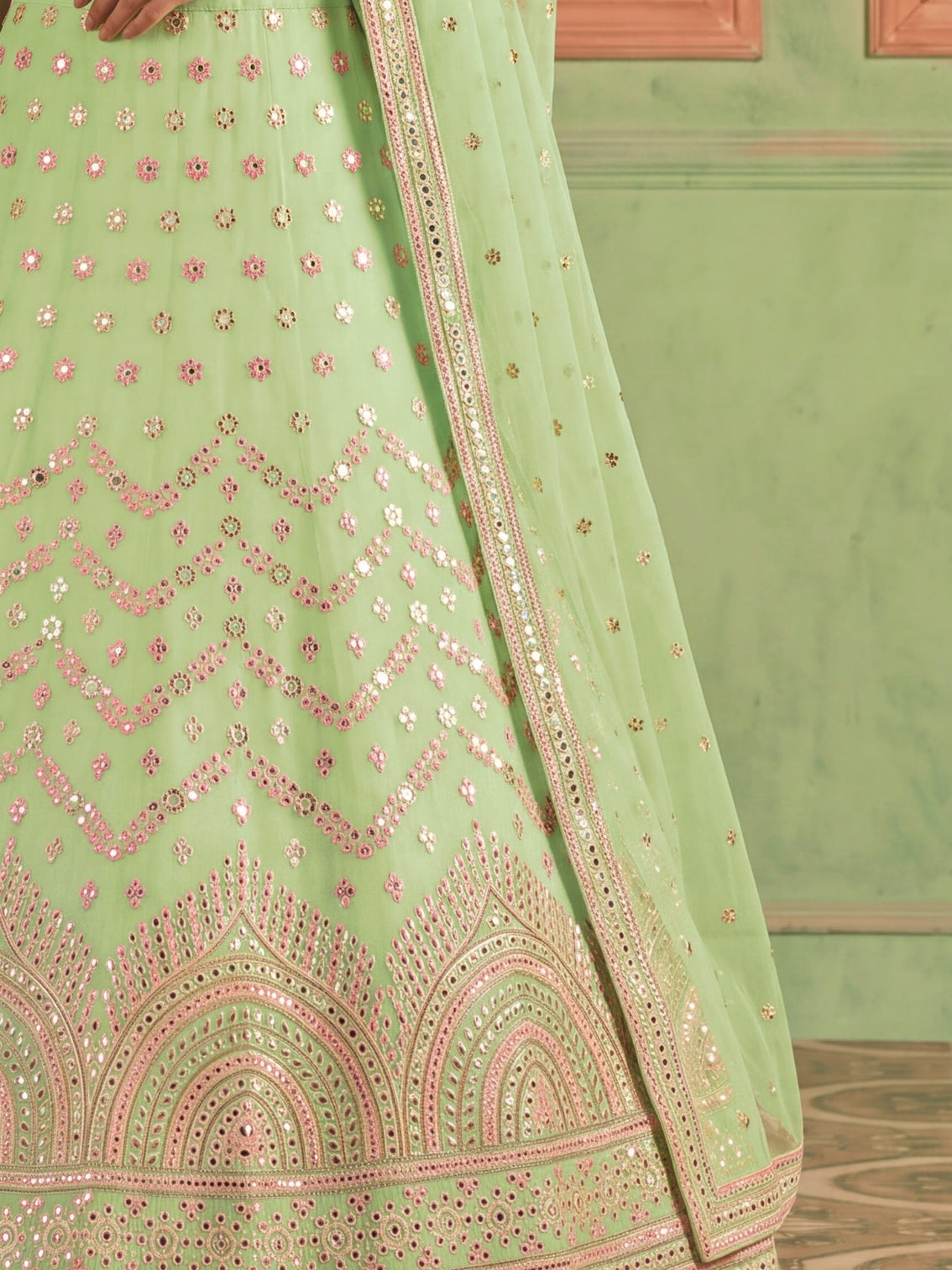 Pista Green Organza Embroidered Foil Mirror Work Lehenga Choli