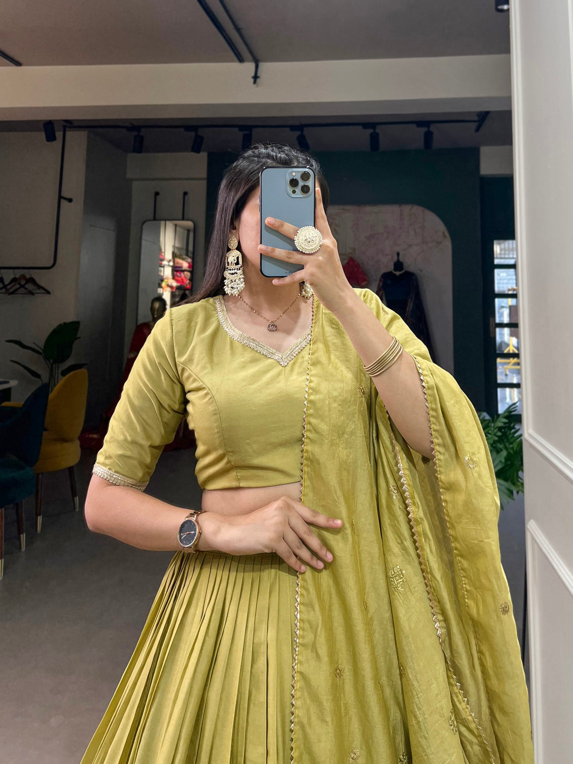 Pista Green Pure Chanderi Lehenga Choli Set with Zari Border & Sequin Dupatta
