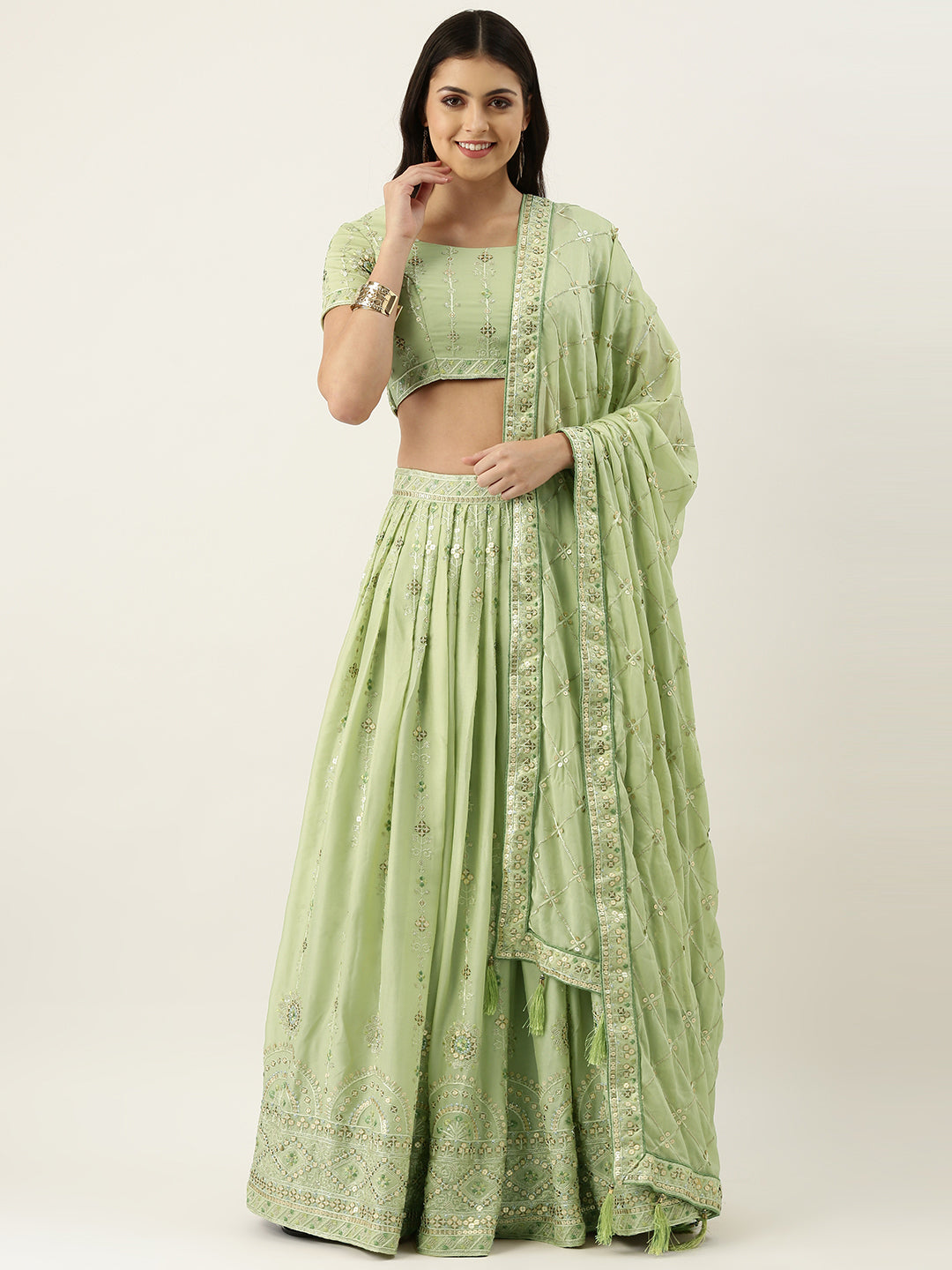 Pista Green Pure Georgette Embroidered Semi-Stitched Lehenga & Unstitched Blouse, Dupatta