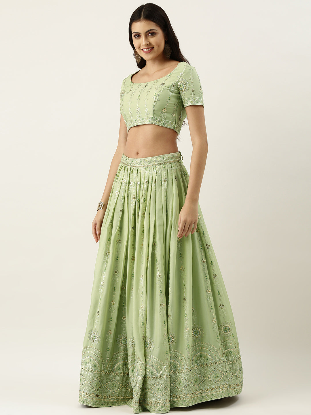 Pista Green Pure Georgette Embroidered Semi-Stitched Lehenga & Unstitched Blouse, Dupatta