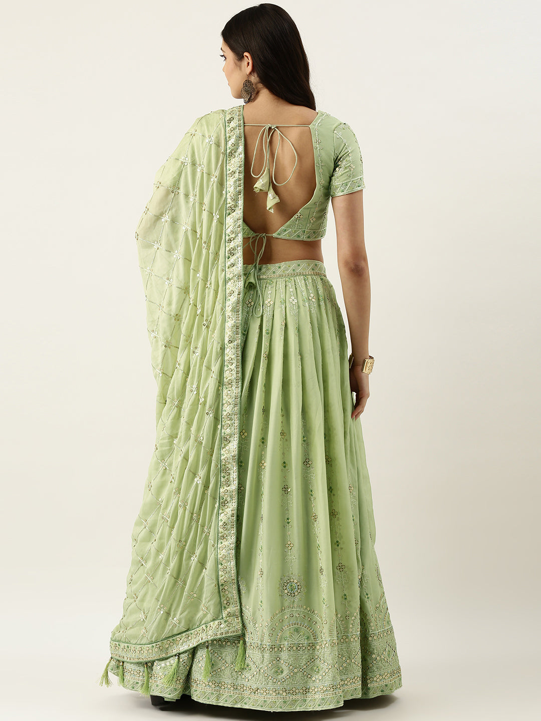 Pista Green Pure Georgette Embroidered Semi-Stitched Lehenga & Unstitched Blouse, Dupatta