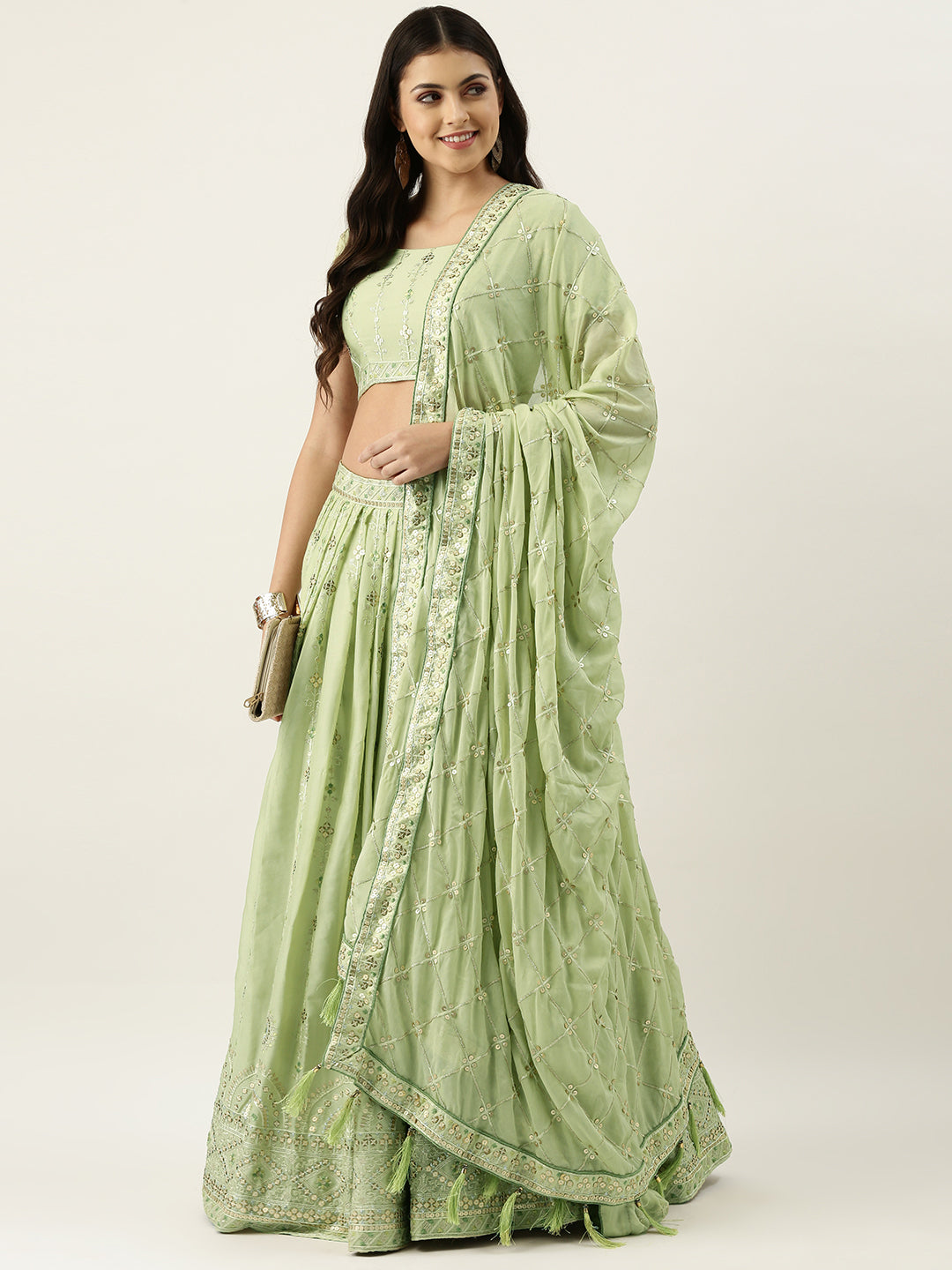 Pista Green Pure Georgette Embroidered Semi-Stitched Lehenga & Unstitched Blouse, Dupatta