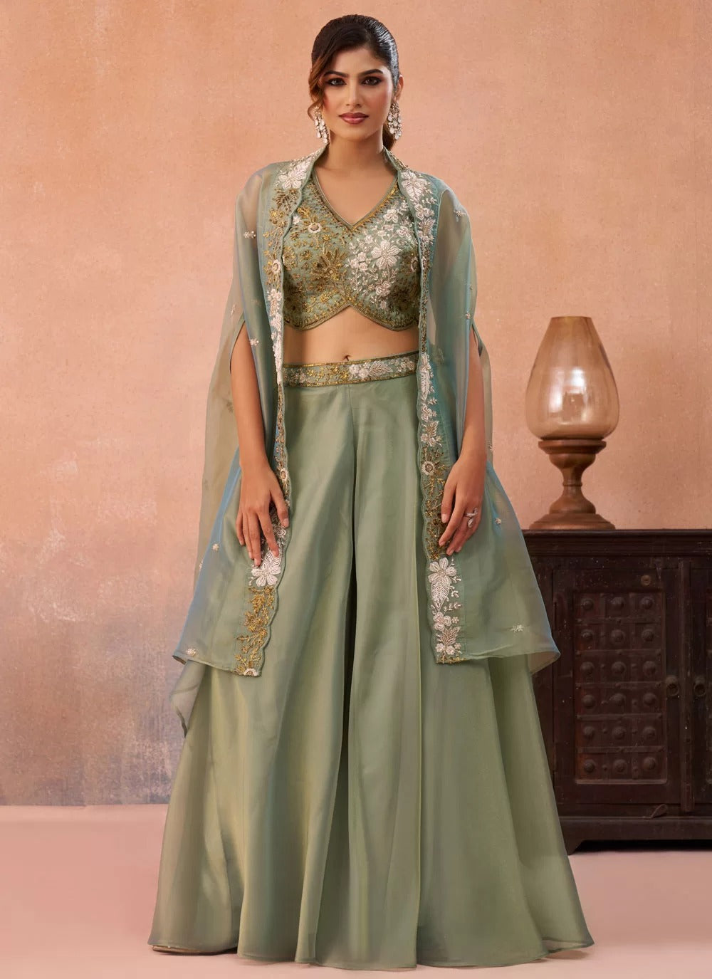 Pista green tissue indo western set with embroidered flared cape palazzo