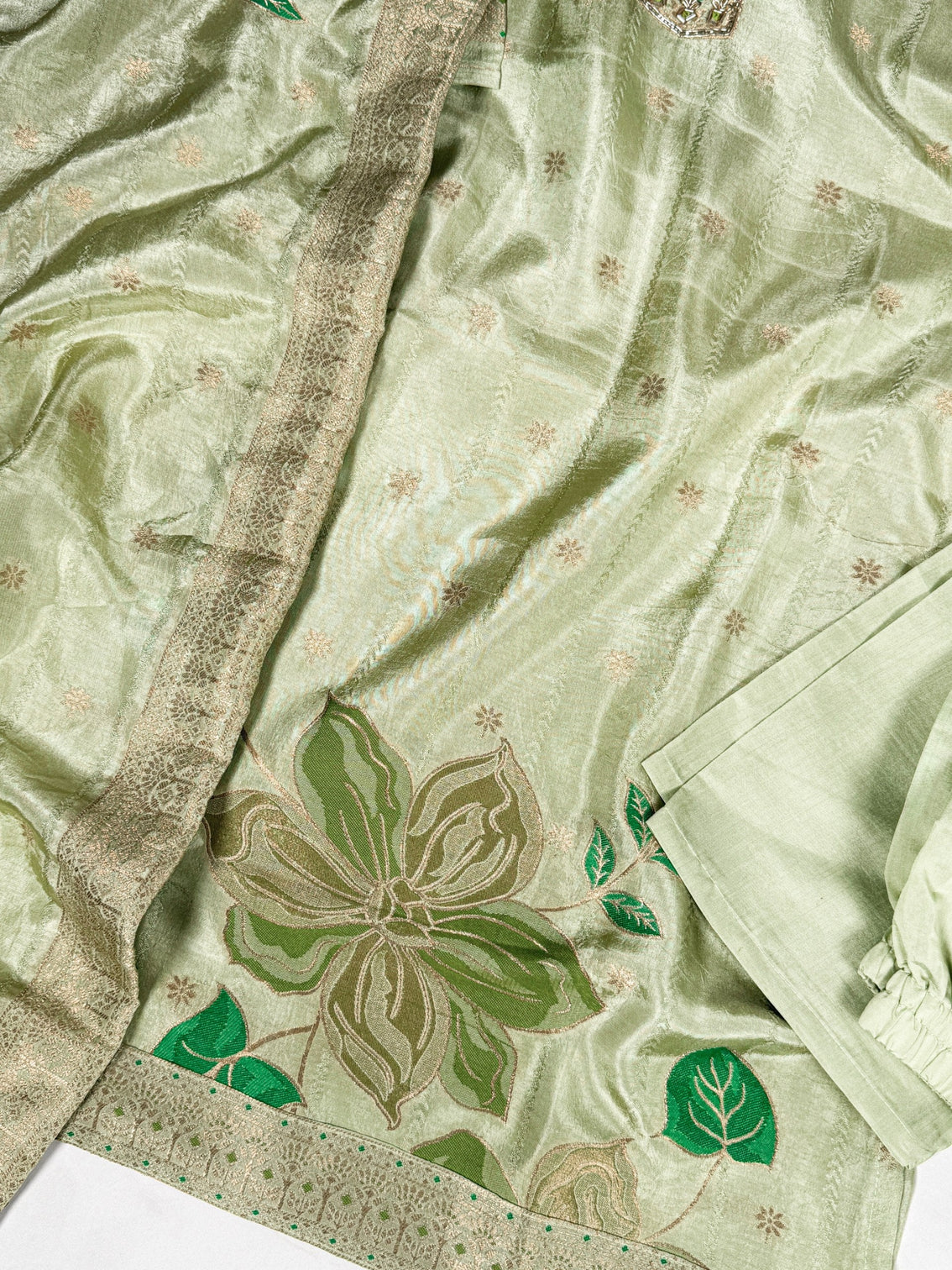 Pista Ivory Pure Viscose Zari-Woven Top, Roman Silk Bottom & Zari Dupatta Set – Fully Stitched Ethnic Wear