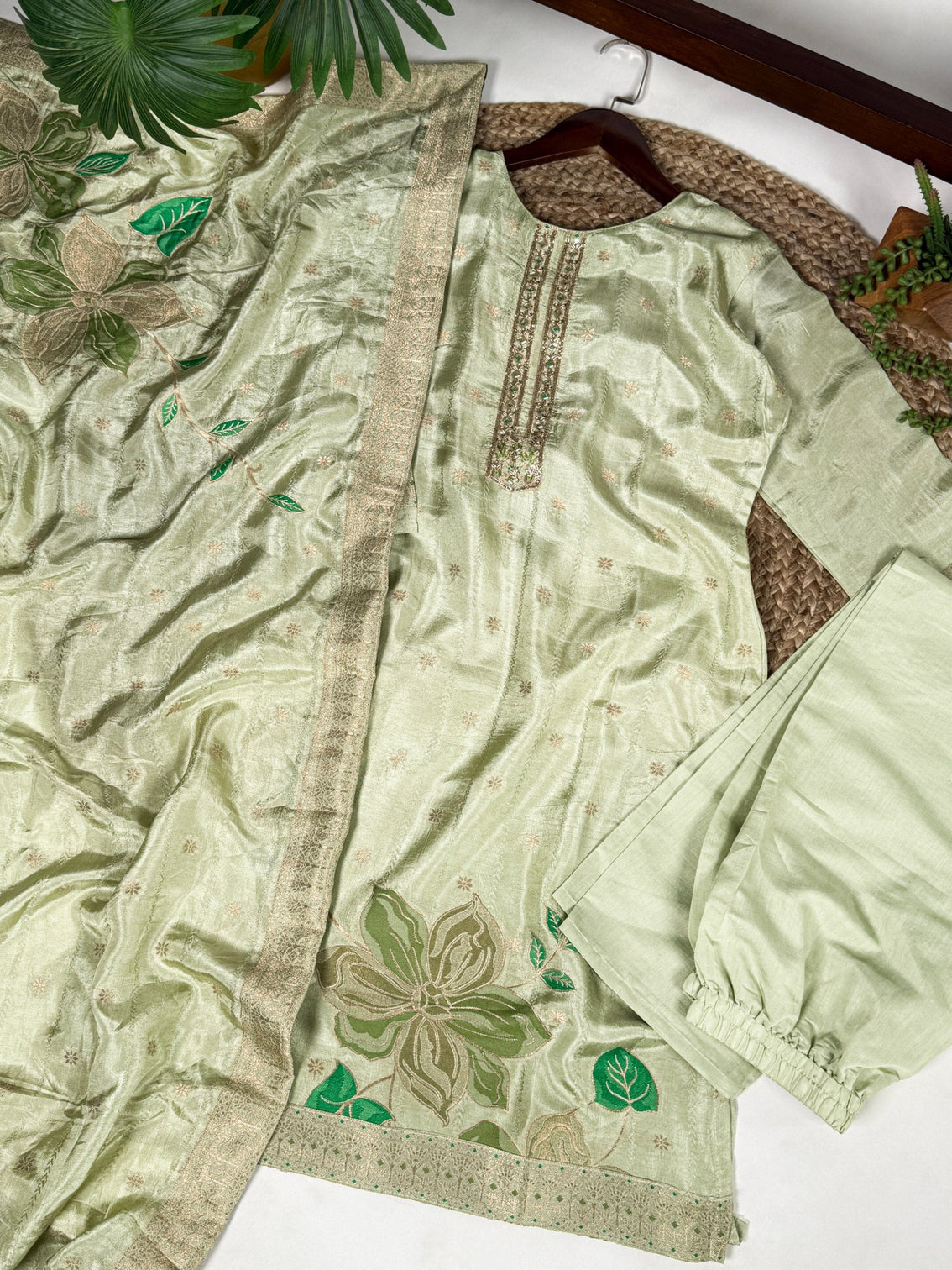 Pista Ivory Pure Viscose Zari-Woven Top, Roman Silk Bottom & Zari Dupatta Set – Fully Stitched Ethnic Wear