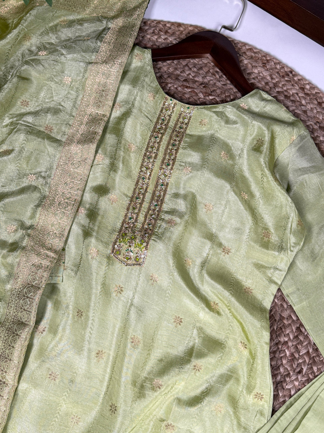 Pista Ivory Pure Viscose Zari-Woven Top, Roman Silk Bottom & Zari Dupatta Set – Fully Stitched Ethnic Wear