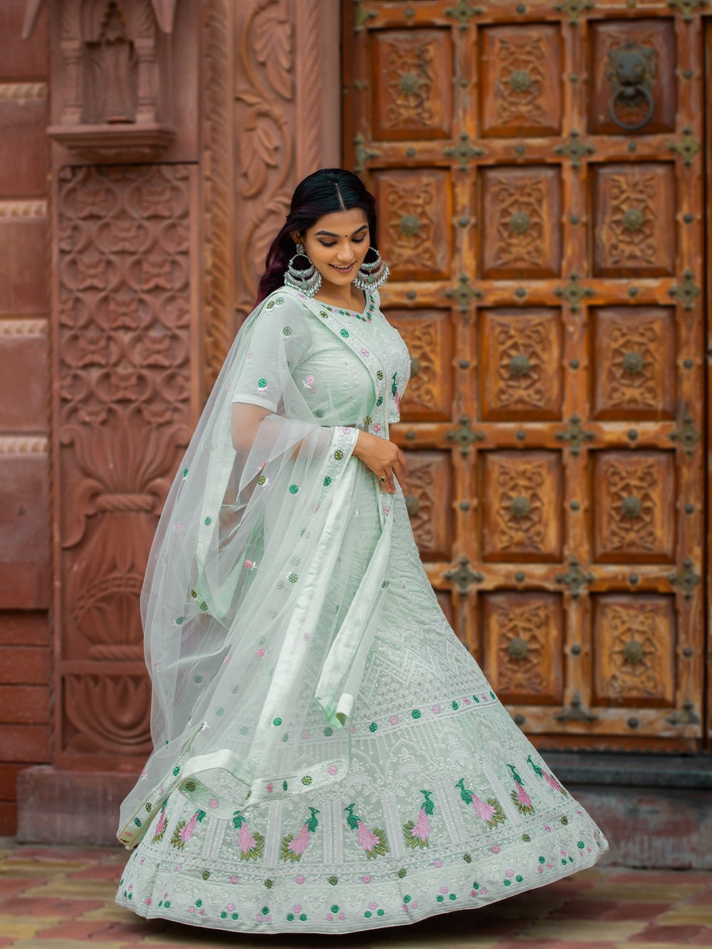 Pista Color Lucknowi Work Georgette Lehenga Choli