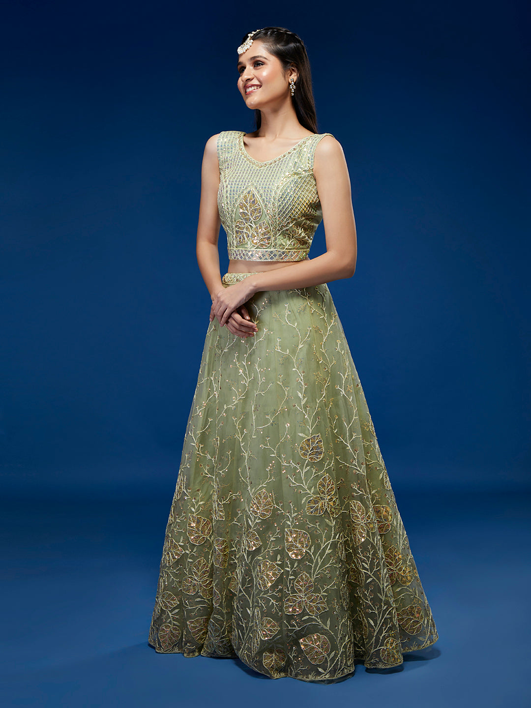 Pista Net Sequinse Work Semi-Stitched Lehenga & Unstitched Blouse, Dupatta