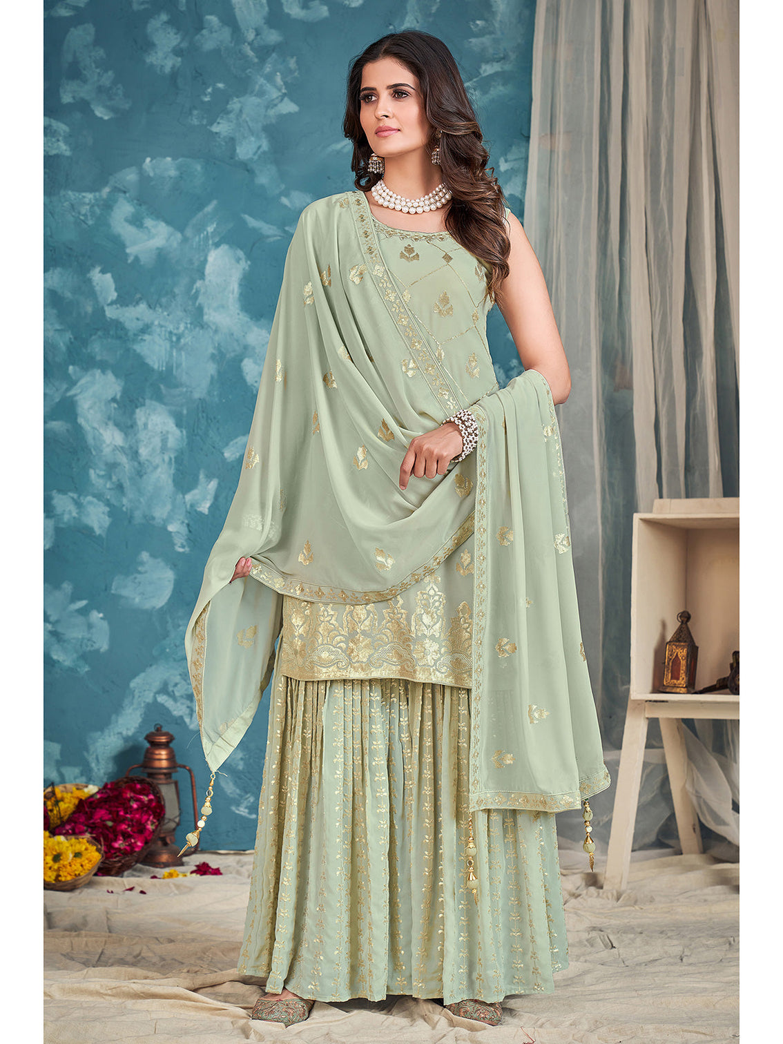 Pista Pakistani Georgette Sharara For Indian Festivals & Weddings - Sequence Embroidery Work, Zari Work