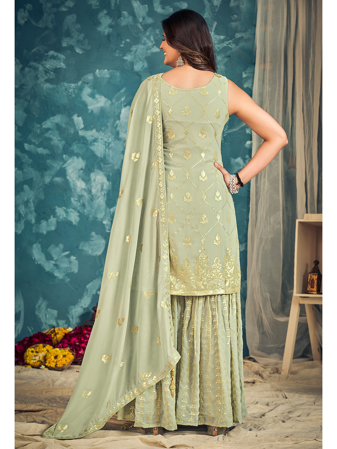 Pista Pakistani Georgette Sharara For Indian Festivals & Weddings - Sequence Embroidery Work, Zari Work