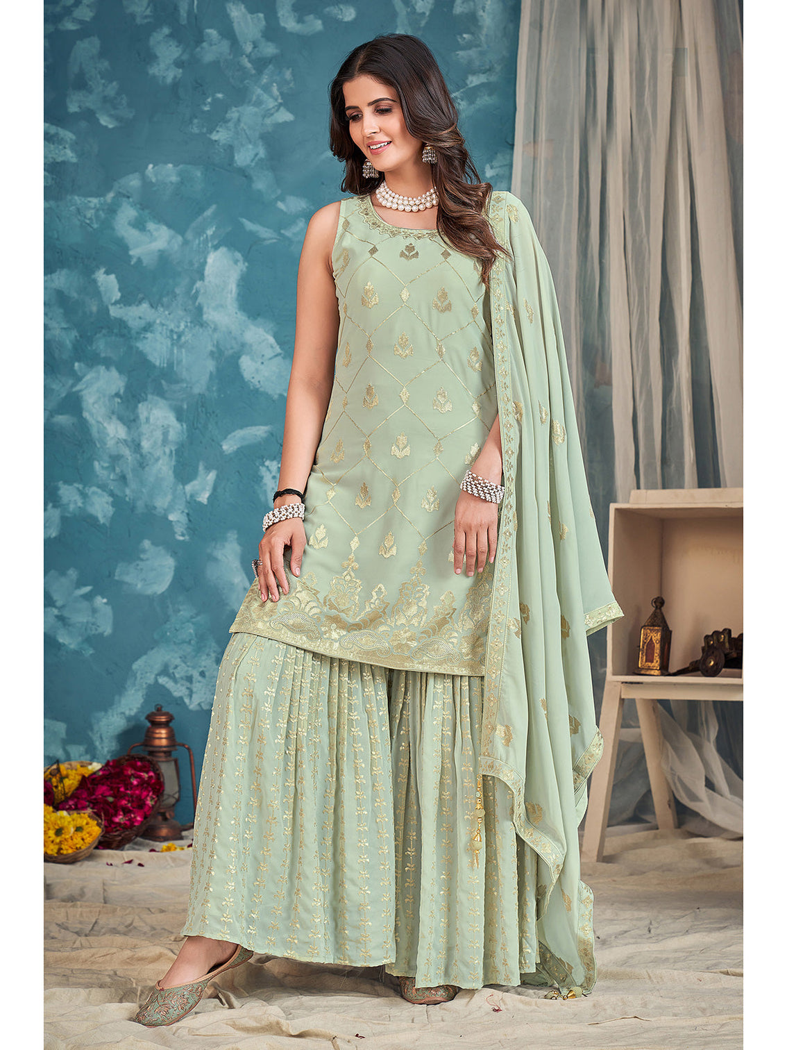 Pista Pakistani Georgette Sharara For Indian Festivals & Weddings - Sequence Embroidery Work, Zari Work