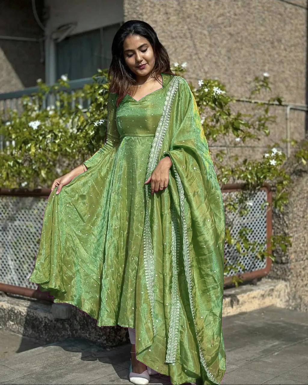 Pista Premium Designer Party Wear Pur Twil Gold Net Anarkali Gown, Dupatta Set – Elegant Festive Look
