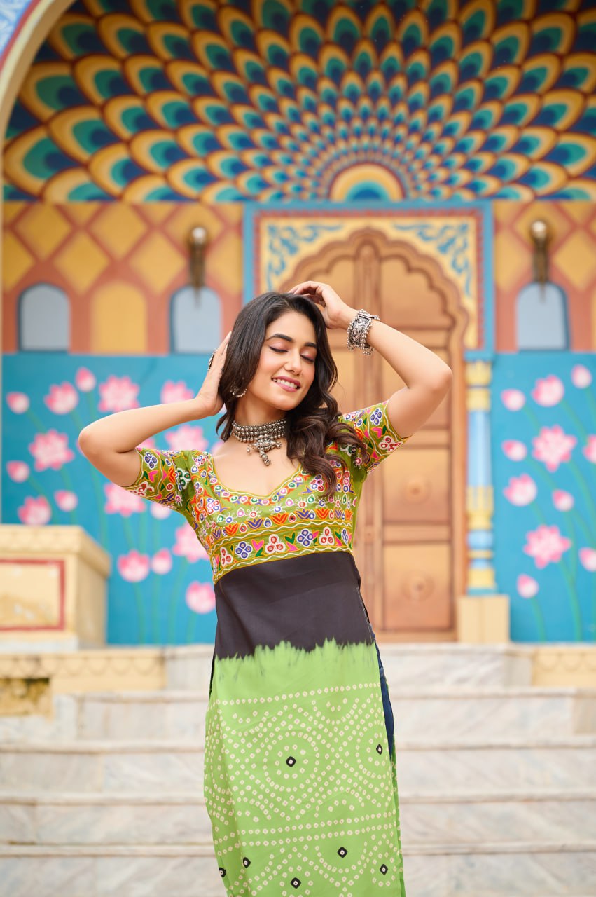 Pista Printed Rayon Kurti with Kutchi Gamthi Work – Round Neck, Half Sleeves, Cotton Lined